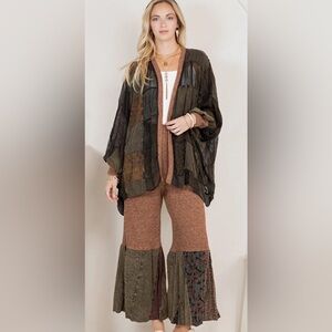 Shrug & Flare Set: Boho Patch Top & Knit Pants - 2 Piece Set